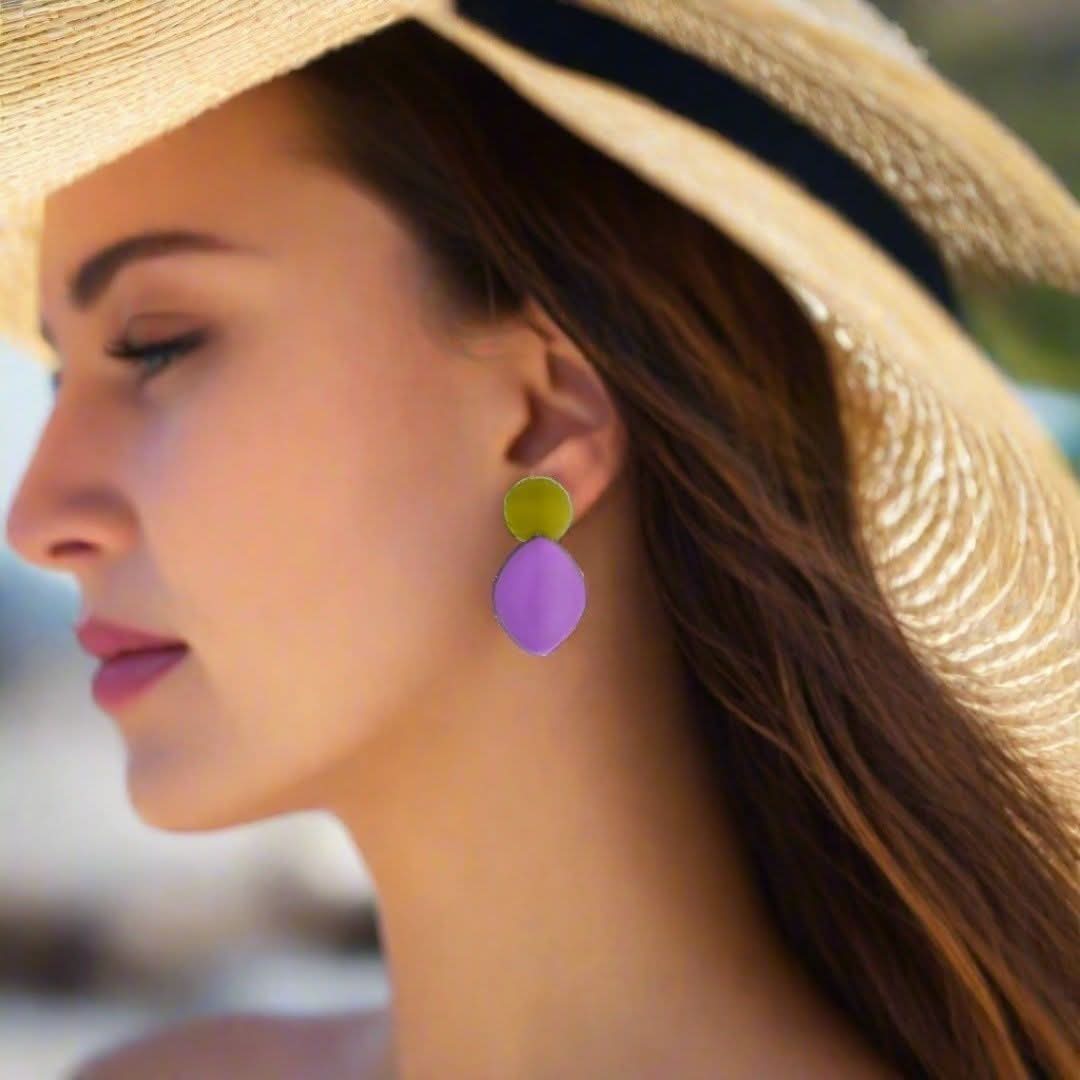 Handmade Rhodium Plated Silver Dangle Earrings with Lavender & Green Enamel - Anthos Crafts