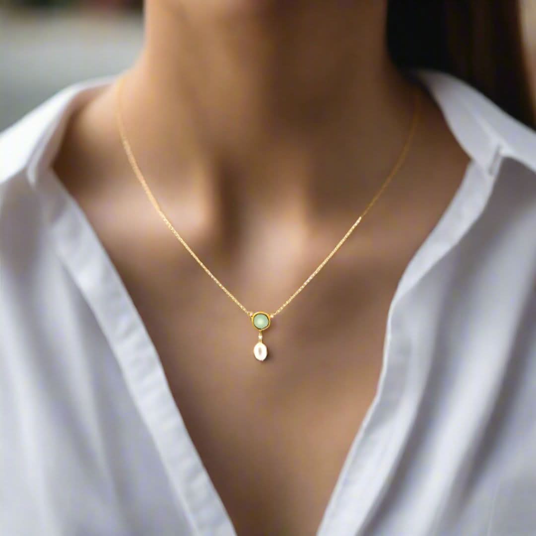Handmade Short Gold Plated Silver Chain Necklace With Chalcedony &amp; Pearl - Anthos Crafts