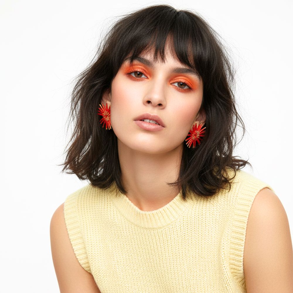 Satin Pleated Stud Earrings Bloom Watermelon Red Gold BL-E-RE - Anthos Crafts