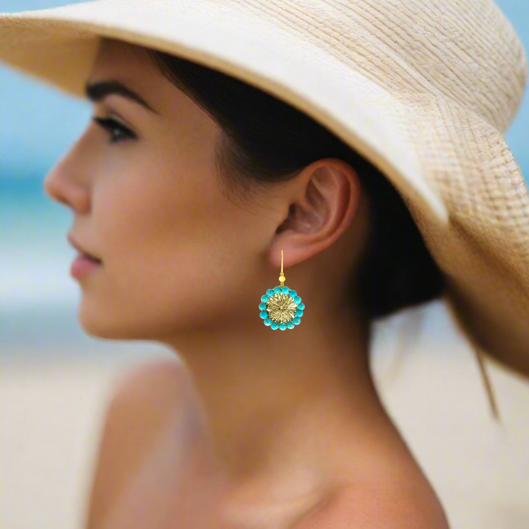 Handmade Gold Plated Crochet Drop Earrings With Turquoise Stones - Anthos Crafts