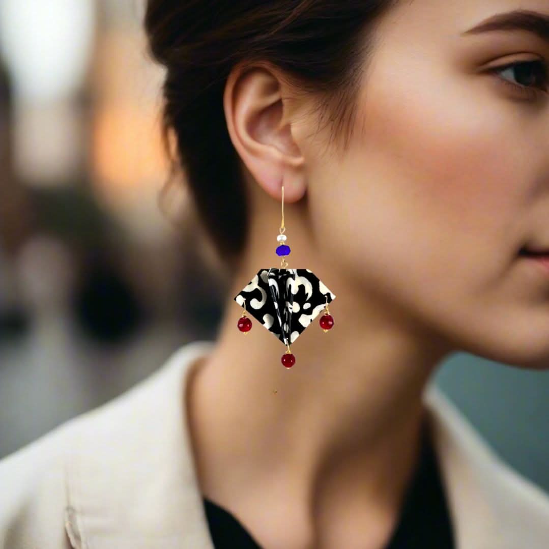 Origami Earrings B&amp;W Manta Rays With Gemstones - Anthos Crafts