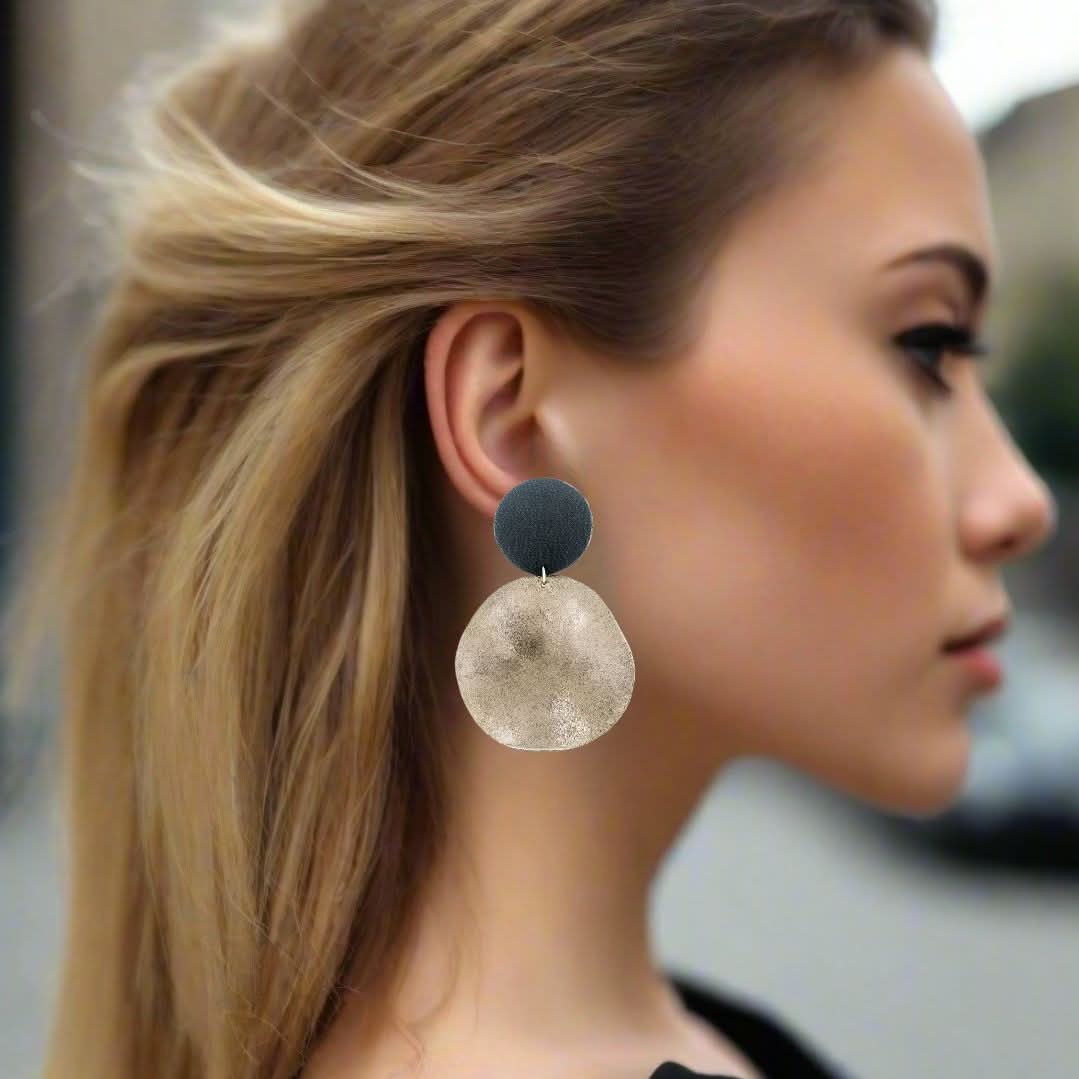 Handmade Leather Earrings Black & Pastel Gray Big Waves - Anthos Crafts