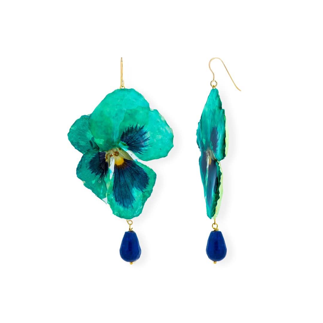 Flower Earrings Green Pansies With Blue Citrines - Anthos Crafts