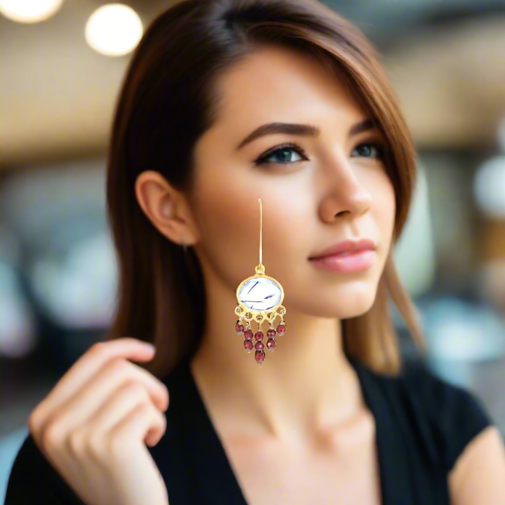 Handmade Gold Plated Silver Drop Earrings With Tourmaline & Garnet Stones - Anthos Crafts