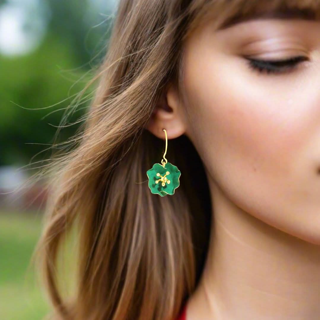 Handmade Gold Plated Silver Green Begonia Flower Dangle Earrings - Anthos Crafts