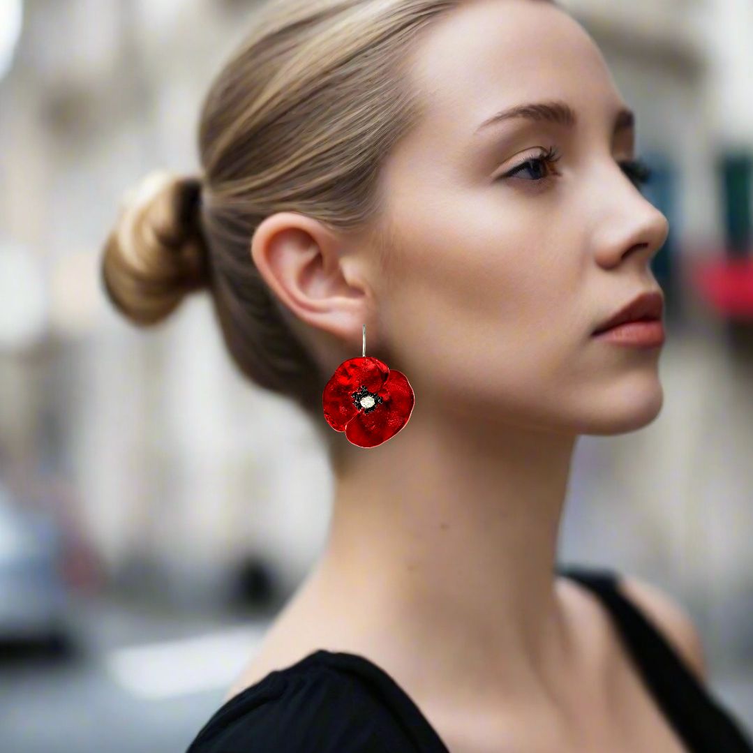 Handmade Silver Red Poppy Flower Impressive Short Drop Earrings - Anthos Crafts