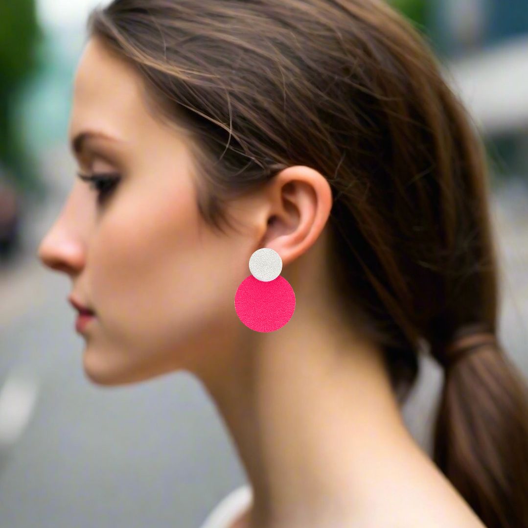 Handmade Leather Earrings Circles Silver Fucshia - Anthos Crafts