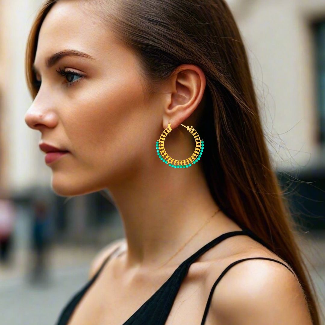 Handmade Gold Plated Silver Hoop Earrings With Green Agate - Anthos Crafts