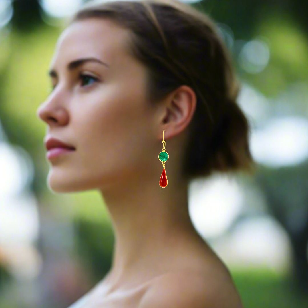 Handmade Gold Plated Silver Lacrima Earrings With Green Jade & Red Enamel - Anthos Crafts