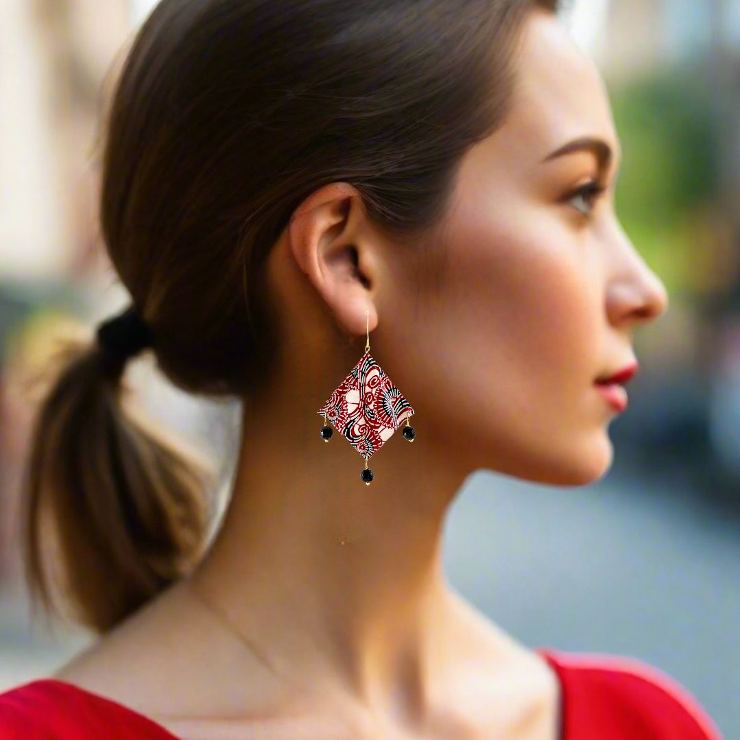 Origami Earrings Red White Black Mantra With Gemstones - Anthos Crafts