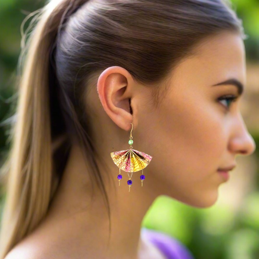 Origami Earrings Yellow Pink Fans With Gemstones - Anthos Crafts