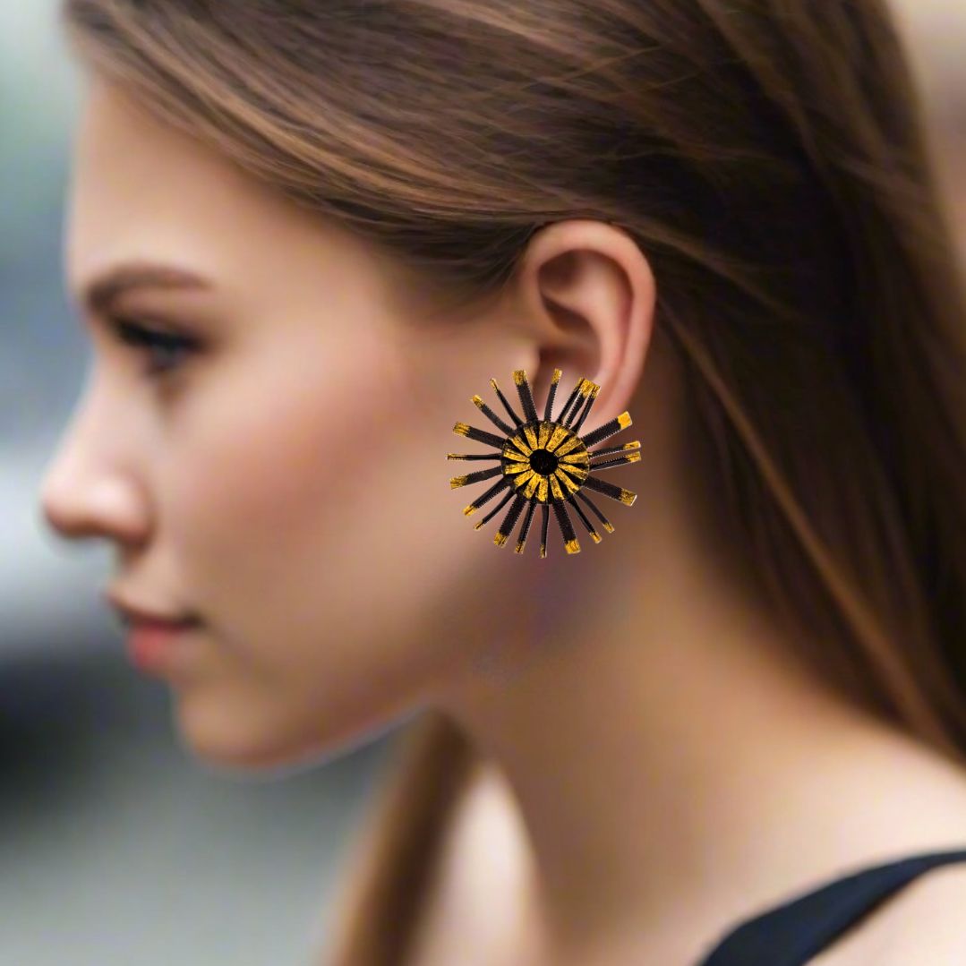 Satin Pleated Stud Earrings Bloom Black Gold BL-EAR-BLA - Anthos Crafts