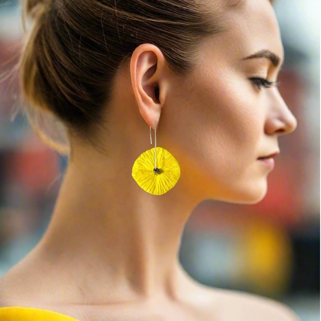 Handmade Flower Earrings Made From Papier-Mâché Yellow - Anthos Crafts