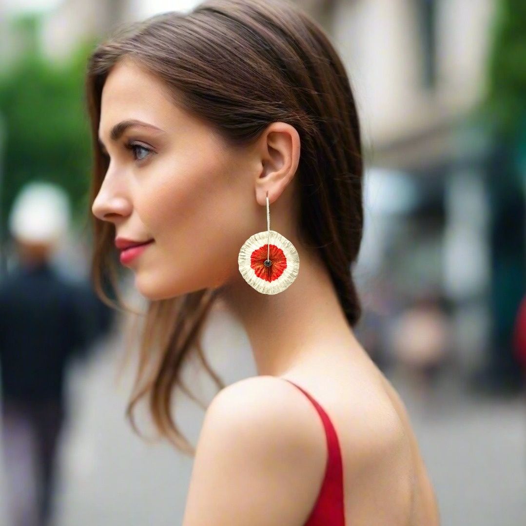 Handmade Flower Earrings Made From Papier-Mâché Red Silver White - Anthos Crafts