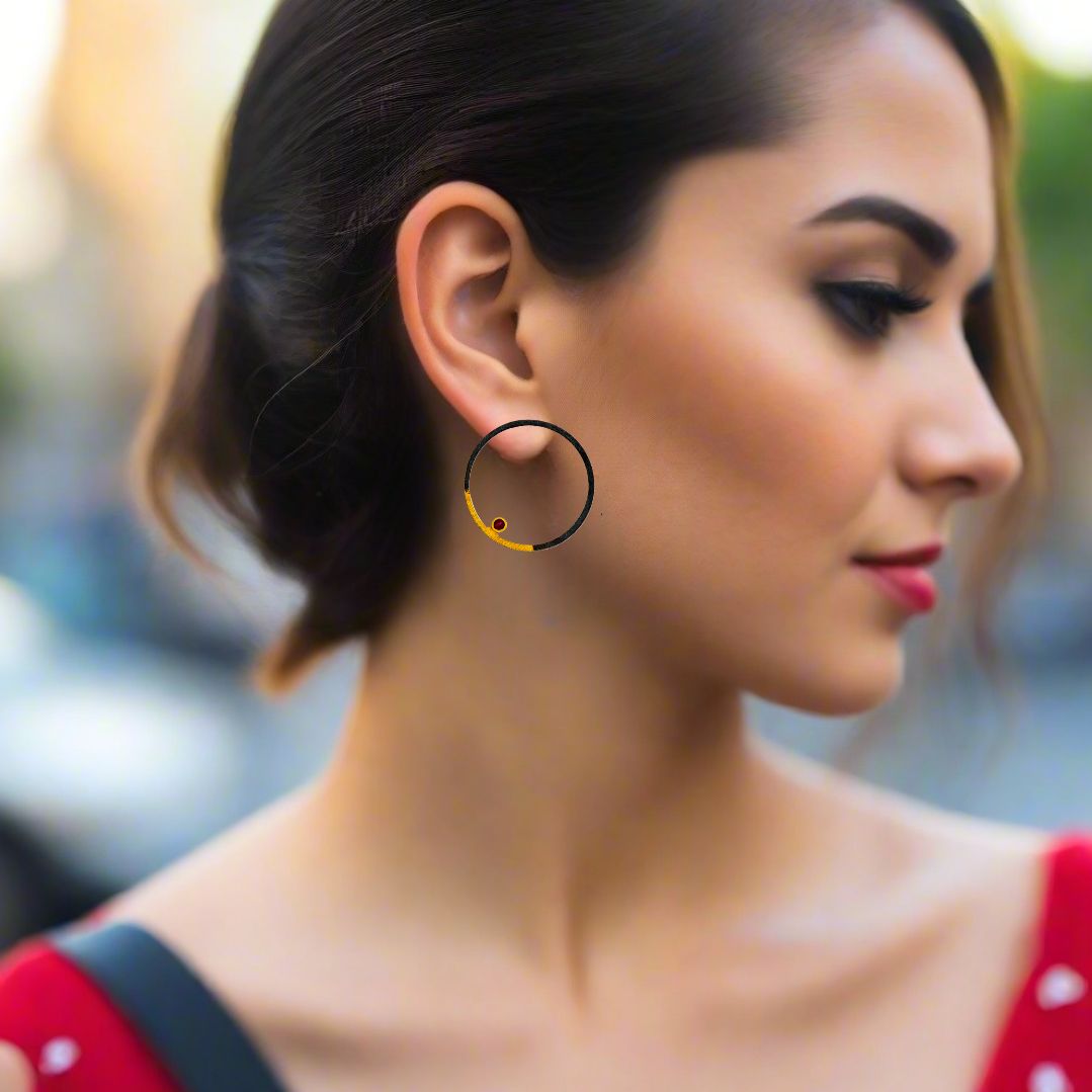 Handmade Gold & Black Plated Silver Stud Earrings Circles With Red Zircons - Anthos Crafts