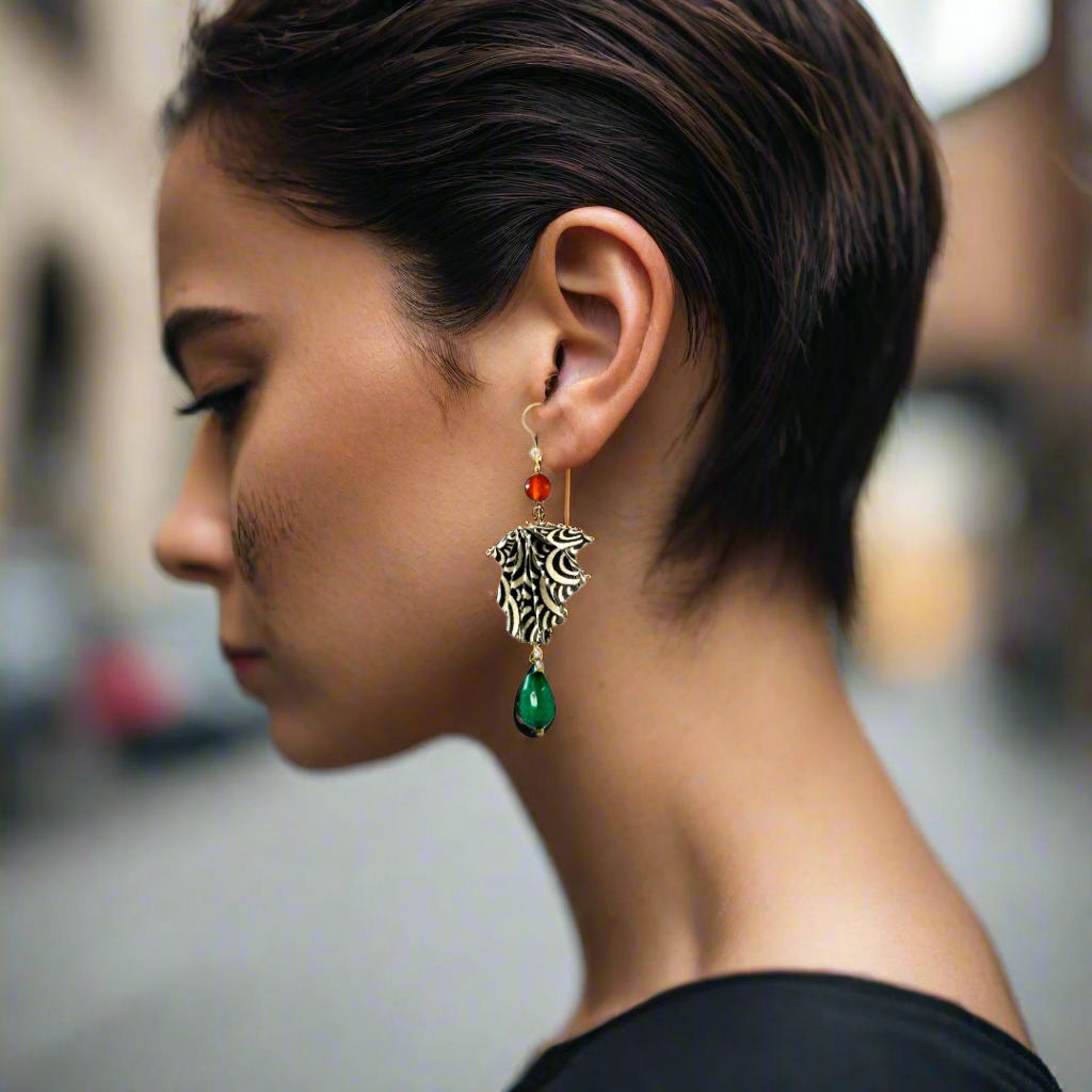 Origami Earrings B&amp;W Fans With Gemstones - Anthos Crafts