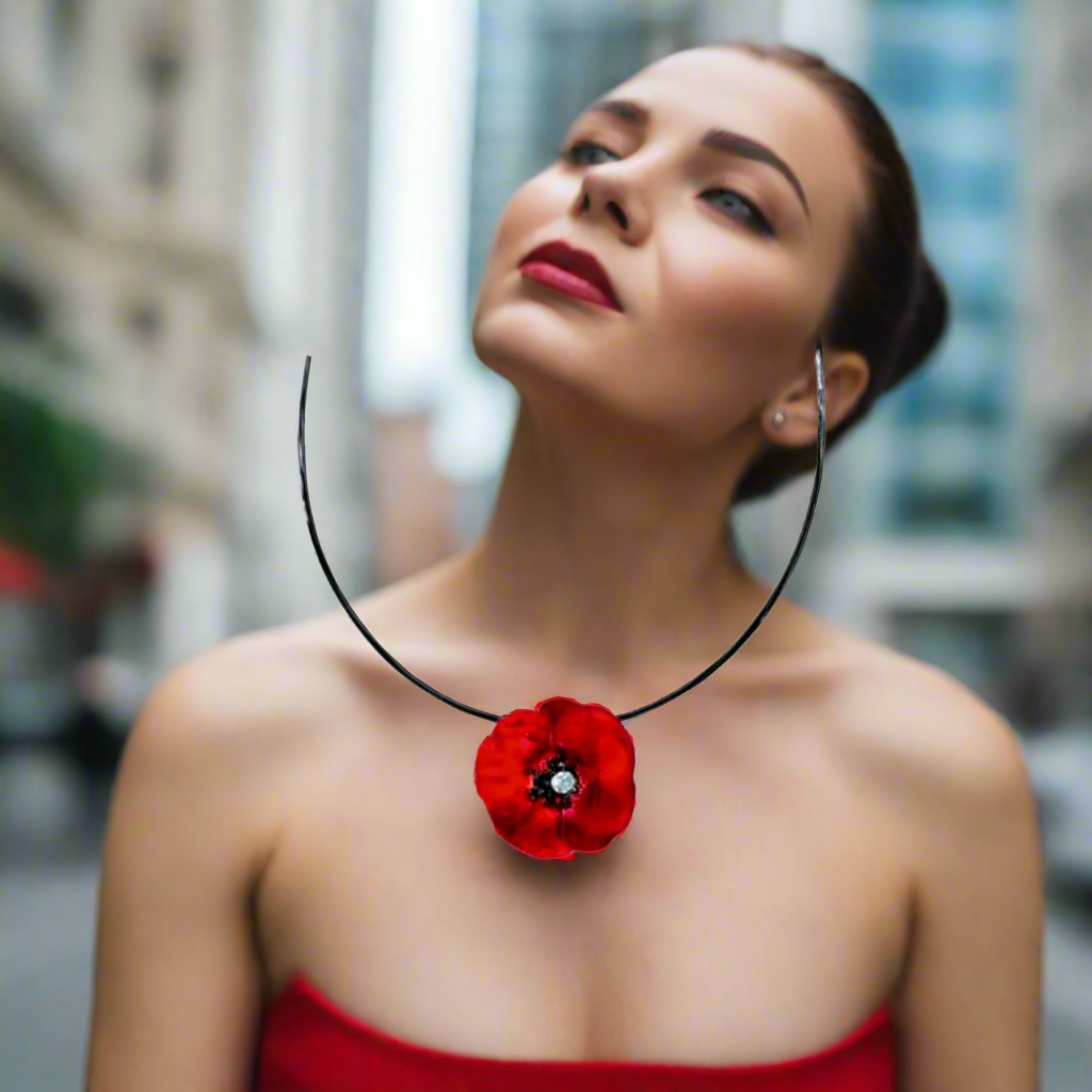 Handmade Silver Impressive Red Poppy Short Choker Necklace - Anthos Crafts