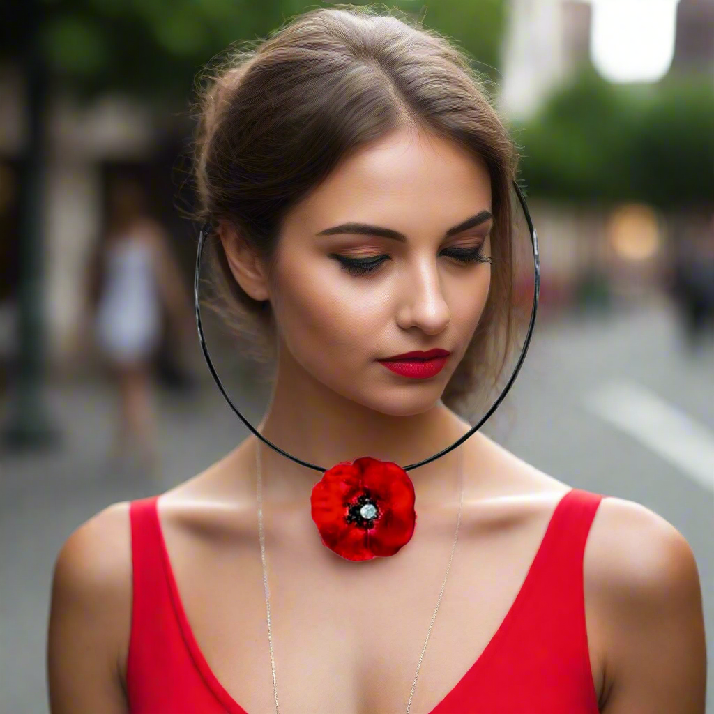 Handmade Silver Impressive Red Poppy Short Choker Necklace - Anthos Crafts