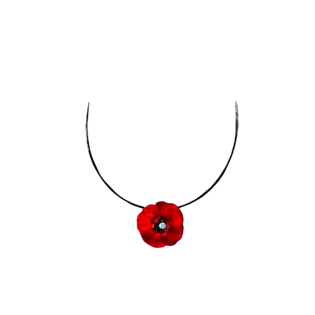 Handmade Silver Impressive Red Poppy Short Choker Necklace - Anthos Crafts