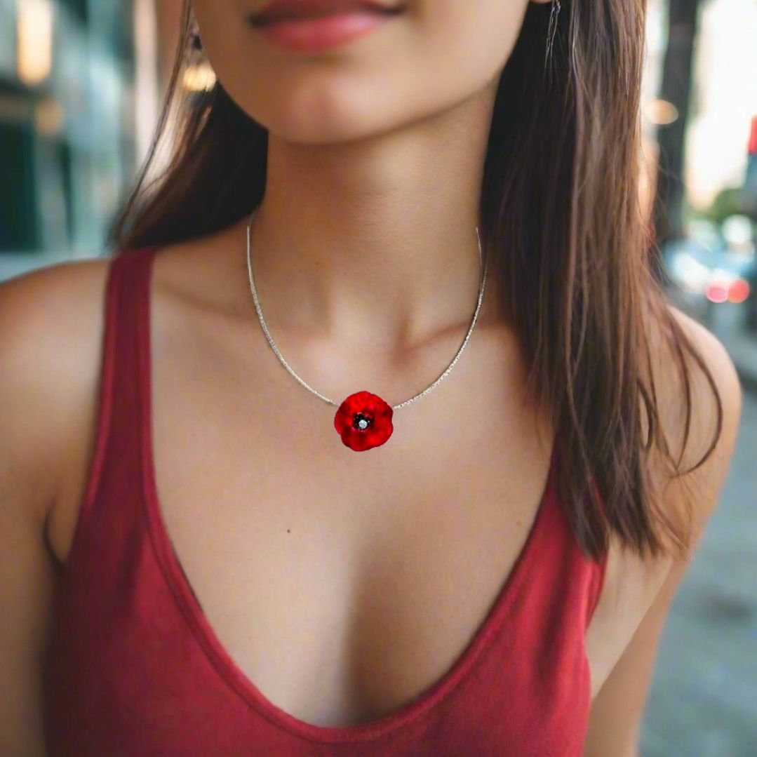 Handmade Silver Red Poppy Short Choker Necklace - Anthos Crafts