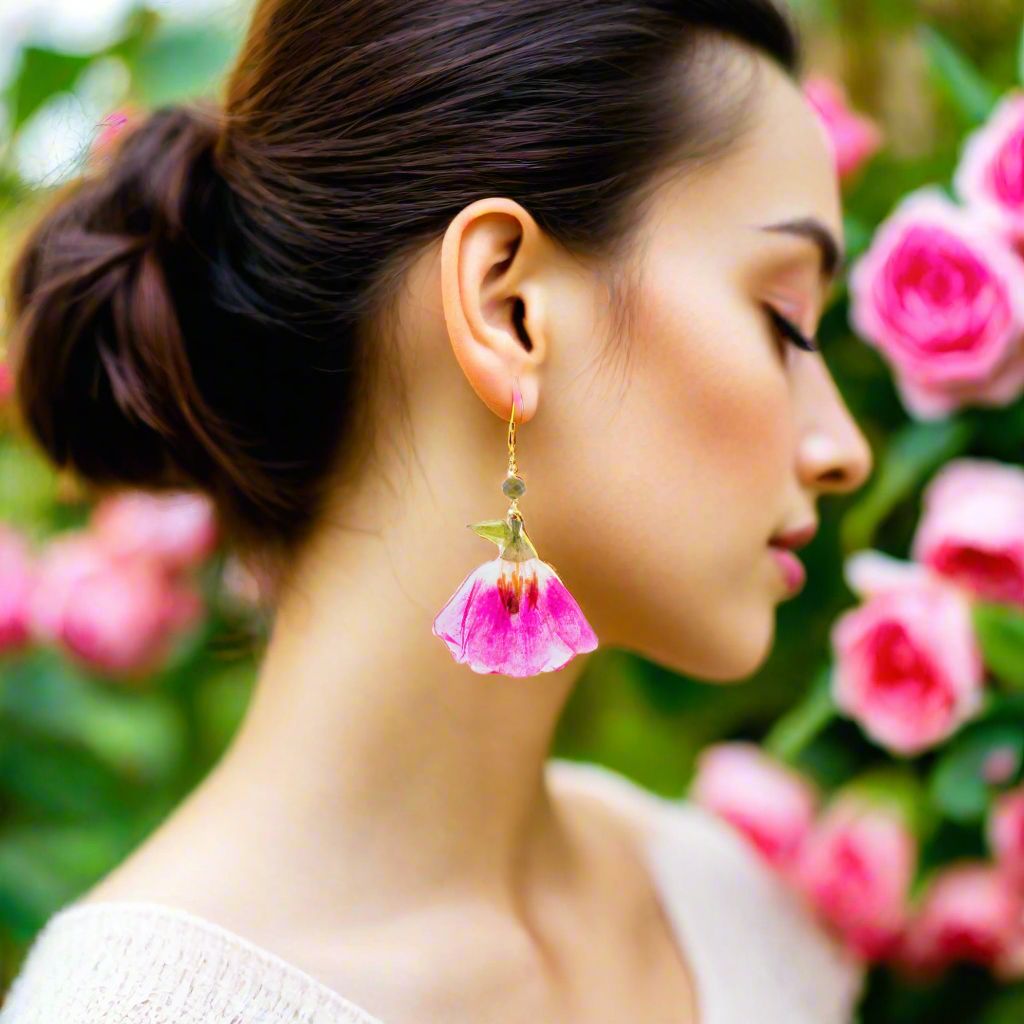 Flower Earrings Godetias With Swarovski Stones - Anthos Crafts