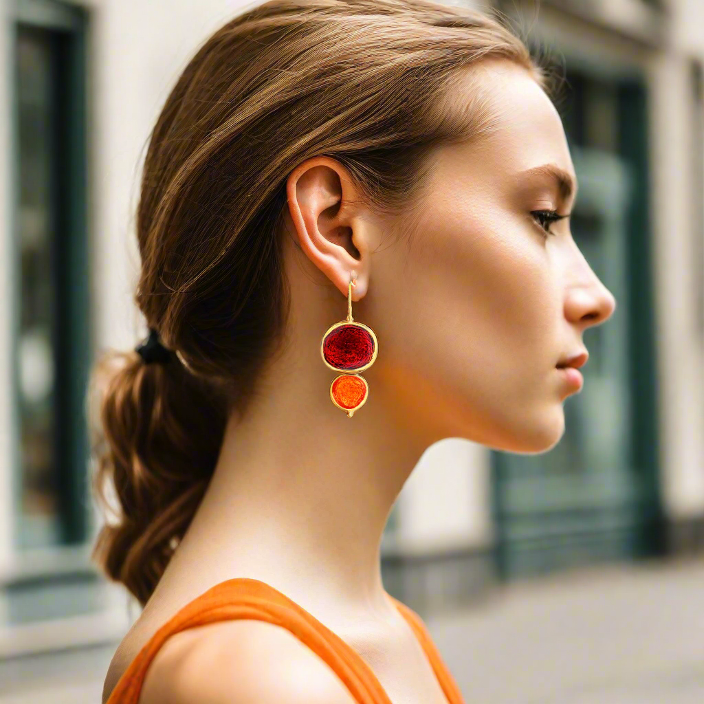 Handmade Gold Plated Silver Drop Earrings with Red & Orange Enamel Pebbles - Anthos Crafts