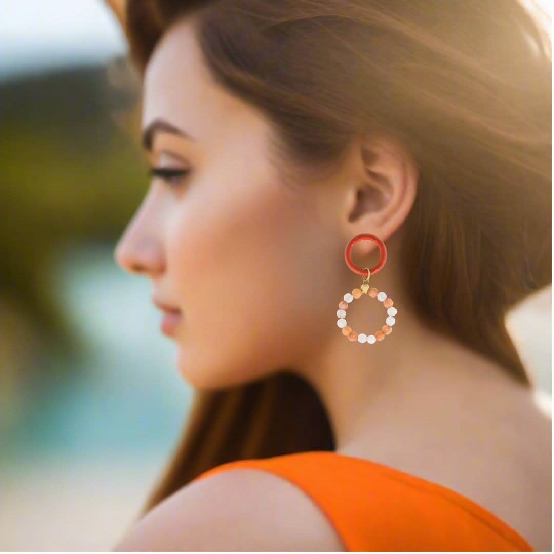 Handmade Gold Plated Silver Long Dangle Earrings With Orange Enamel &amp; Agate - Anthos Crafts