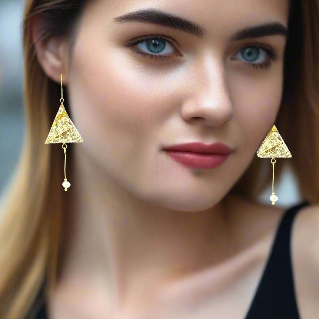 Origami Earrings Ecru Gold Floating Pyramids With Pearls - Anthos Crafts