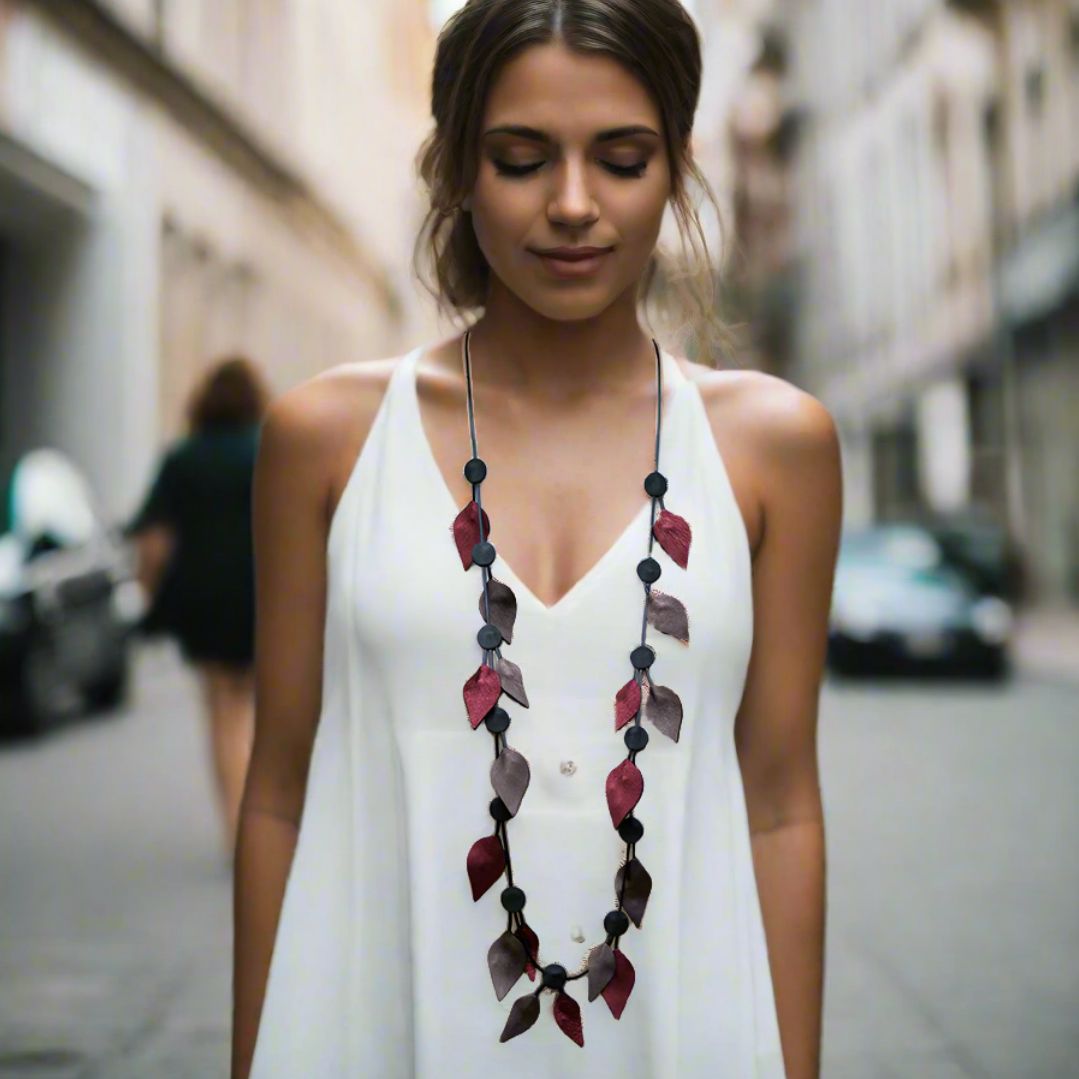 Handmade Long Leather Necklace Burgundy, Brown, Black Leaves - Anthos Crafts