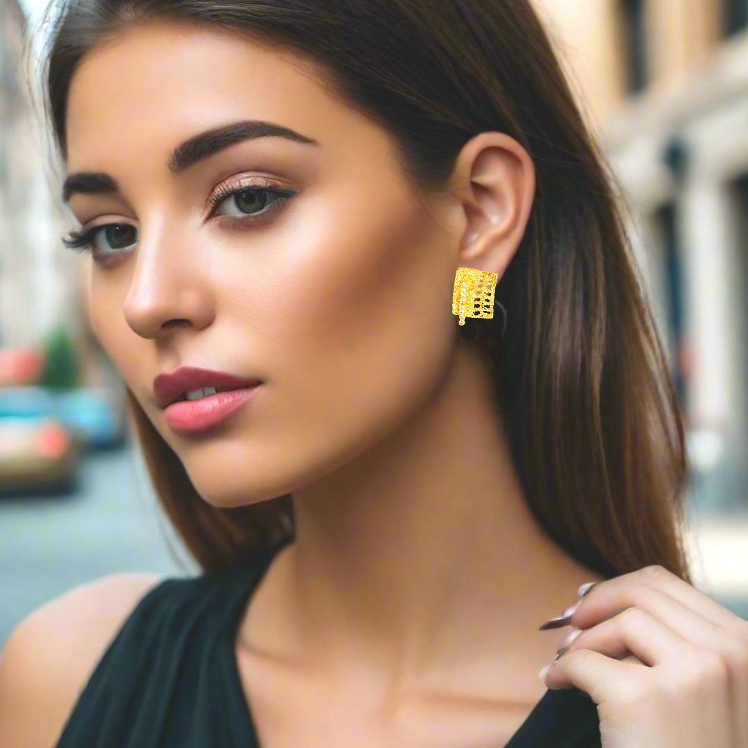 Handmade Gold Plated Silver Stud Earrings Rectangular With Zircons - Anthos Crafts