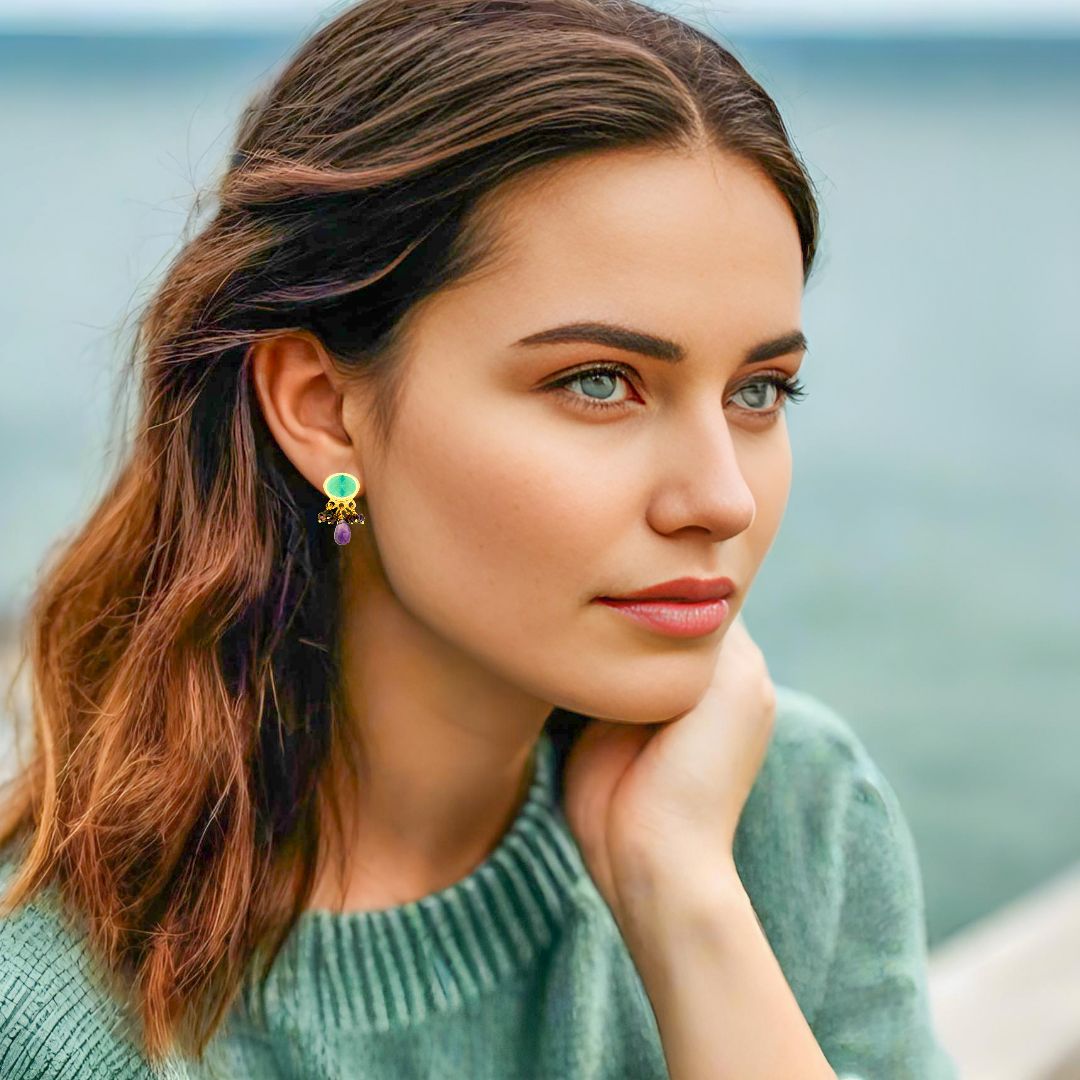 Handmade Gold Plated Silver Stud Earrings With Aqua Quartz, Spinel & Amethyst Gemstones - Anthos Crafts