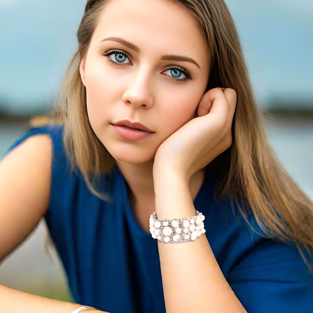 Handmade Silver Plated Crochet Knit Bracelet with Impressive Freshwater Pearls - Anthos Crafts