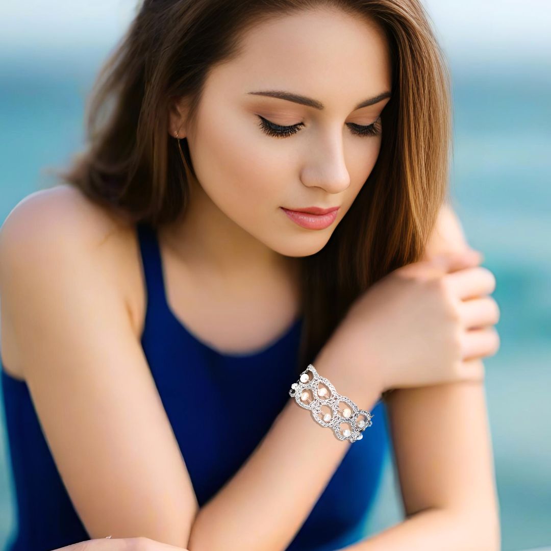 Handmade Silver Plated Crochet Bracelet with Pearls - Anthos Crafts
