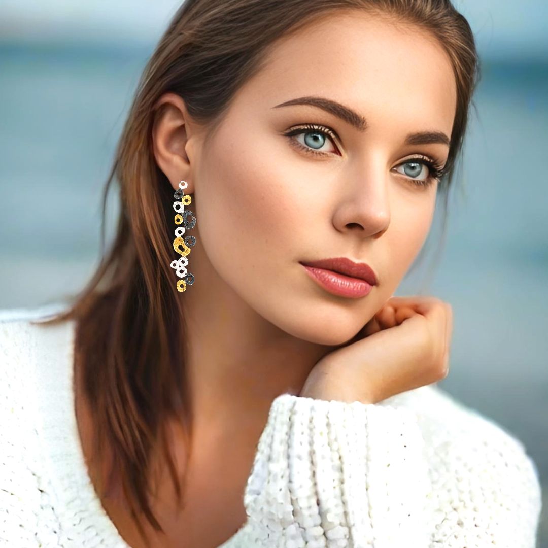 Handmade Gold, Black &amp; Silver Long Earrings With Little Circles - Anthos Crafts