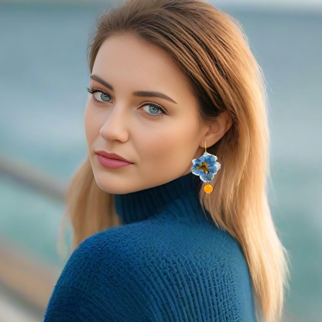 Flower Earrings Delphiniums With Agate Stones - Anthos Crafts