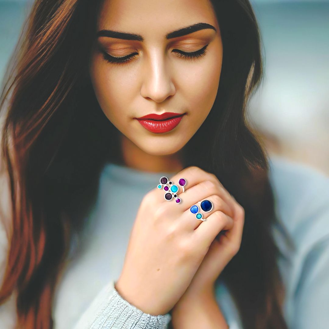 Handmade Silver Enamel Ring Blue Shades &amp; Turquoise Pebbles - Anthos Crafts