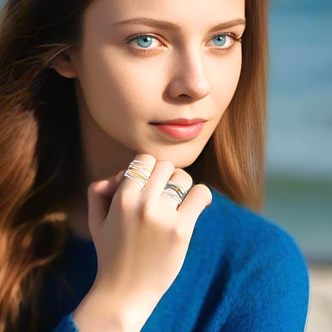 Handmade Silver & Black Silver Ring With 5 Rows and Gold Star - Anthos Crafts