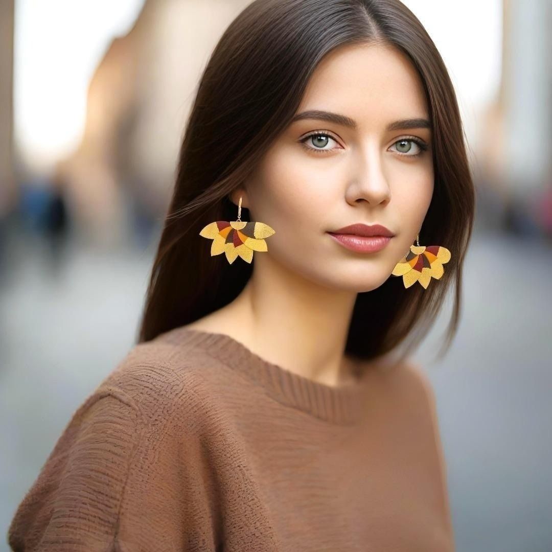 Handmade Leather Black Burgundy Chocolate Gold Plumeria Earrings - Anthos Crafts