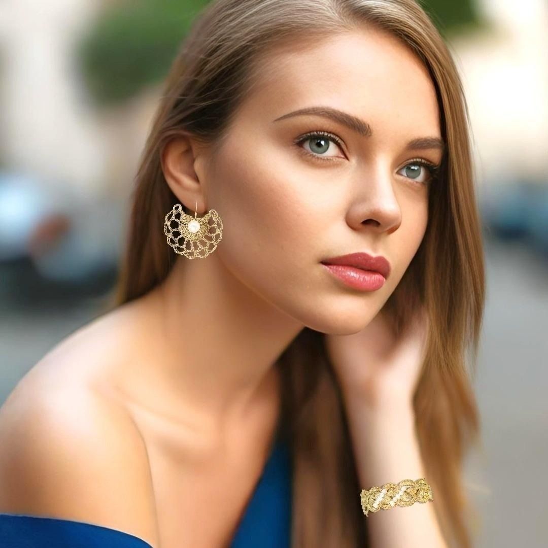 Handmade Gold Plated Crochet Earrings Fans With Pearls - Anthos Crafts