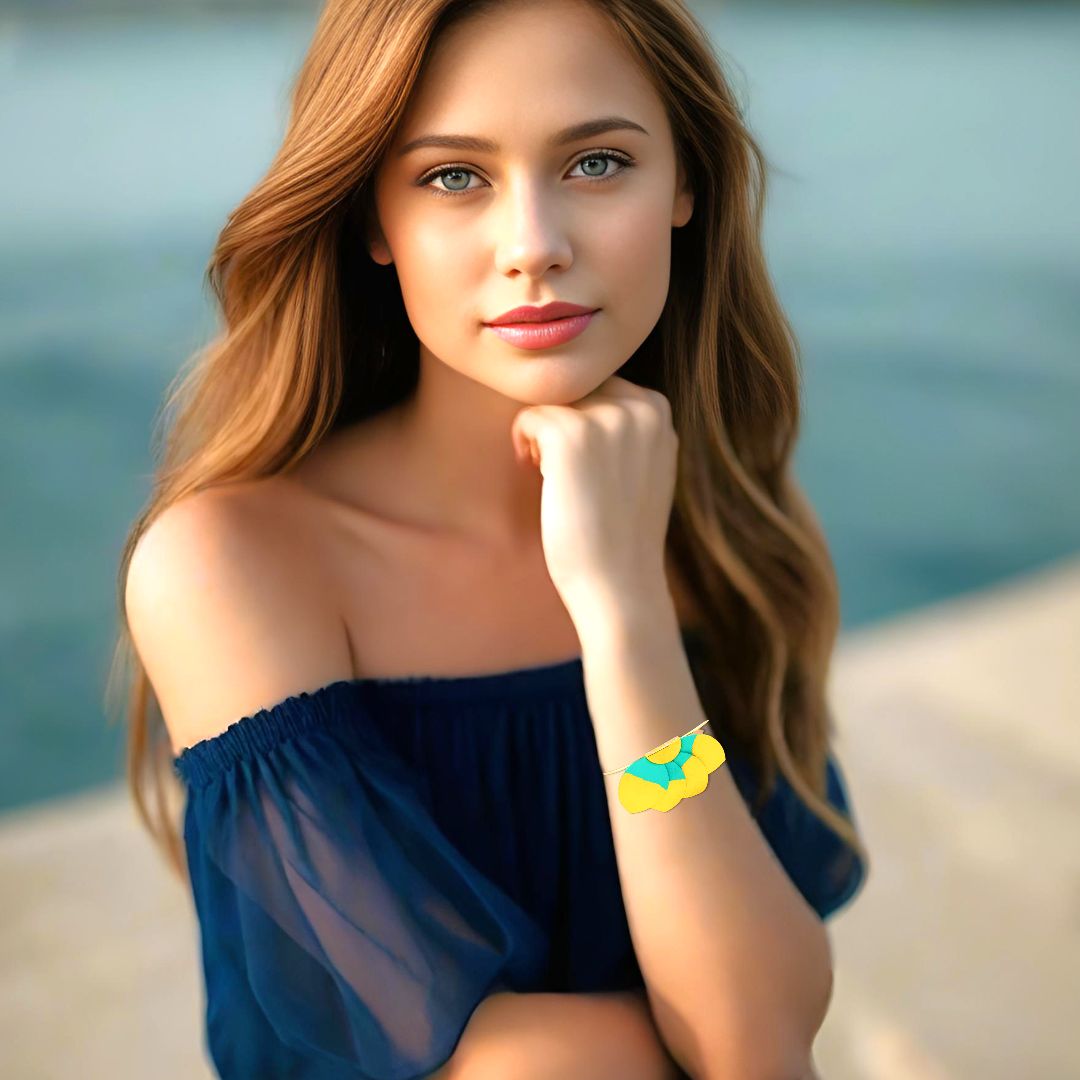 Handmade Leather Turquoise Gold Plumeria Bracelet - Anthos Crafts