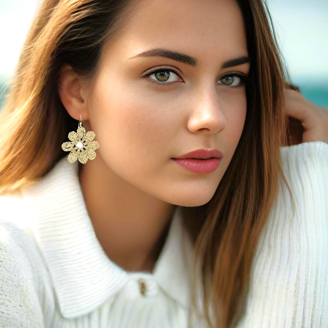 Handmade Gold Plated Crochet Earrings Daisies With Pearls - Anthos Crafts