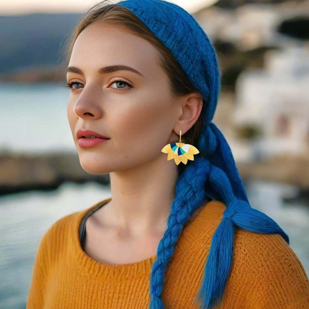 Handmade Leather Turquoise Blue White Gold Plumeria Earrings - Anthos Crafts