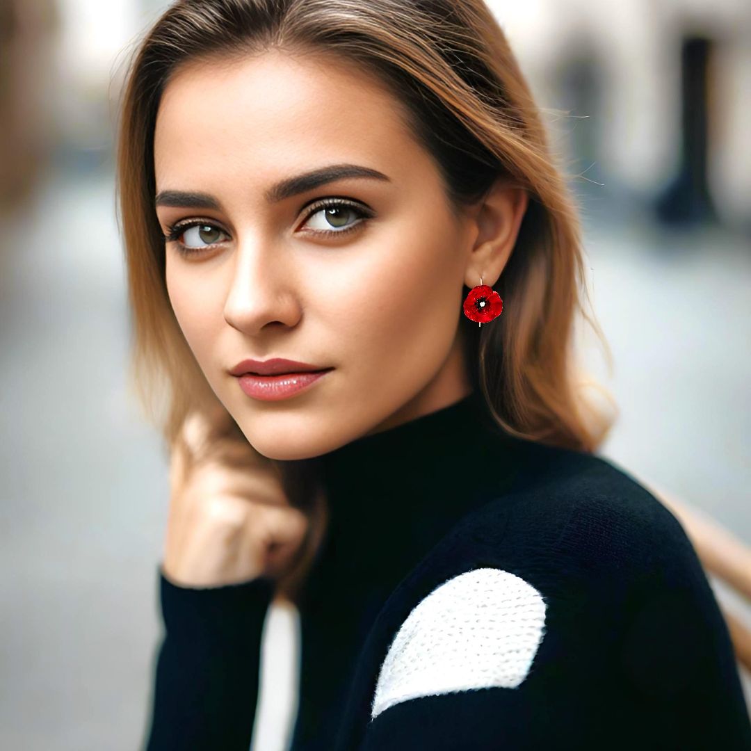 Handmade Sterling Silver Red Poppy Flower Dangle Earrings - Anthos Crafts