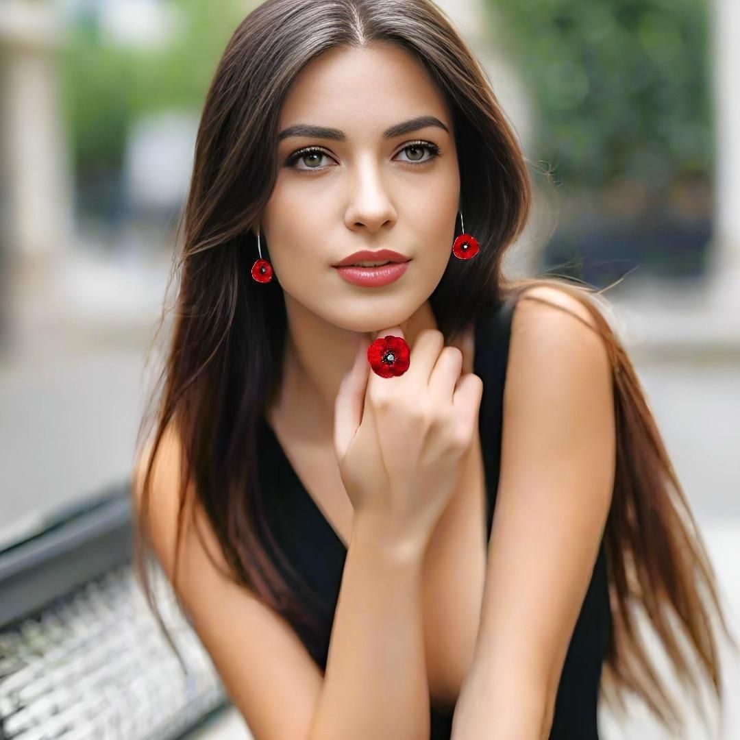 Handmade Silver Red Poppy Flower Drop Earrings - Anthos Crafts