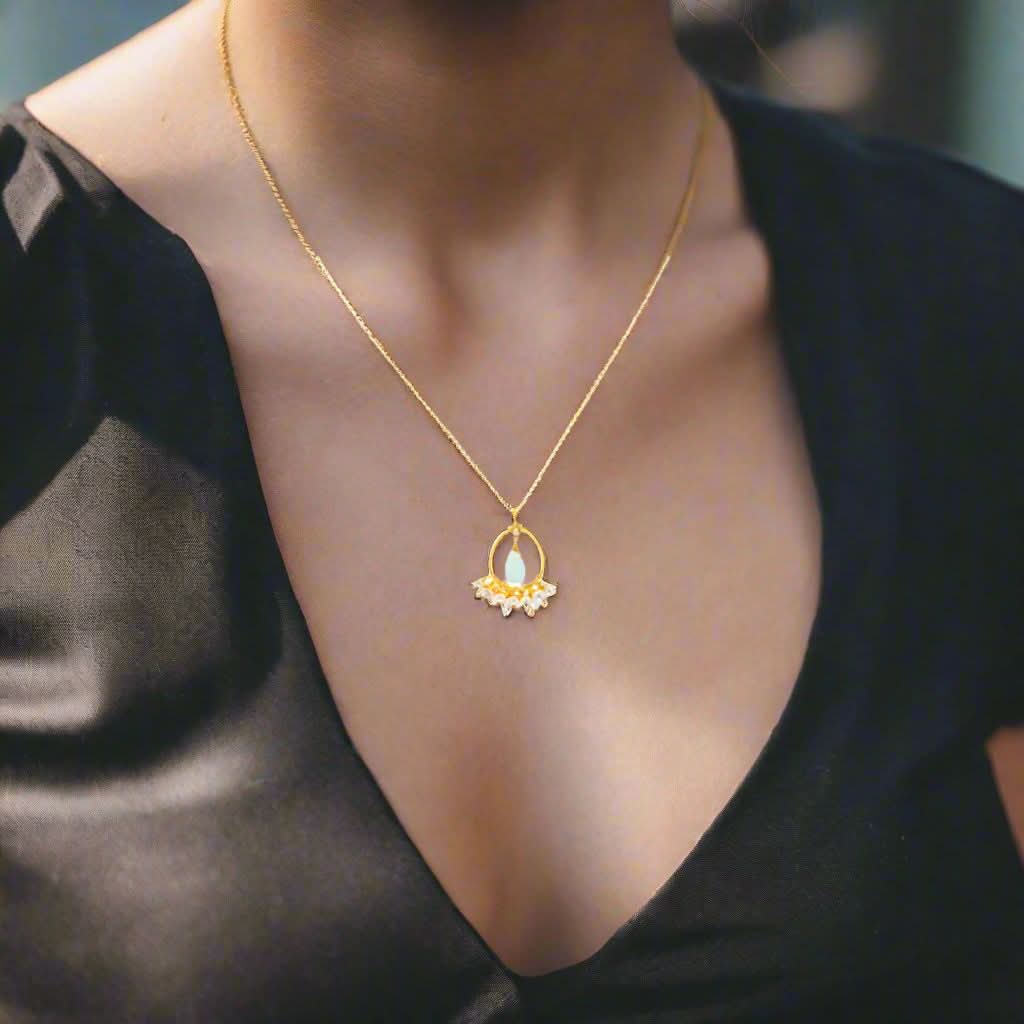 Handmade Gold Plated Silver Necklace With Chalcedony &amp; Pearls - Anthos Crafts