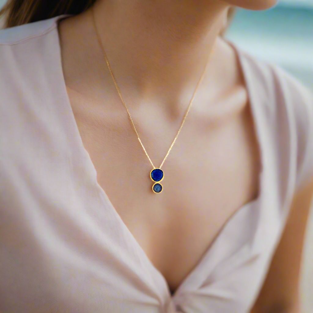 Handmade Gold Plated Silver Necklace with Blue & Turquoise Enamel Pendant - Anthos Crafts