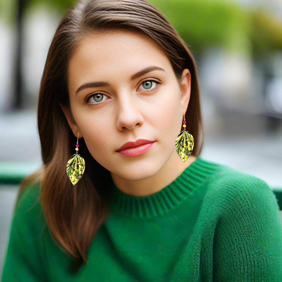 Origami Earrings Green Leaves With Gemstones - Anthos Crafts