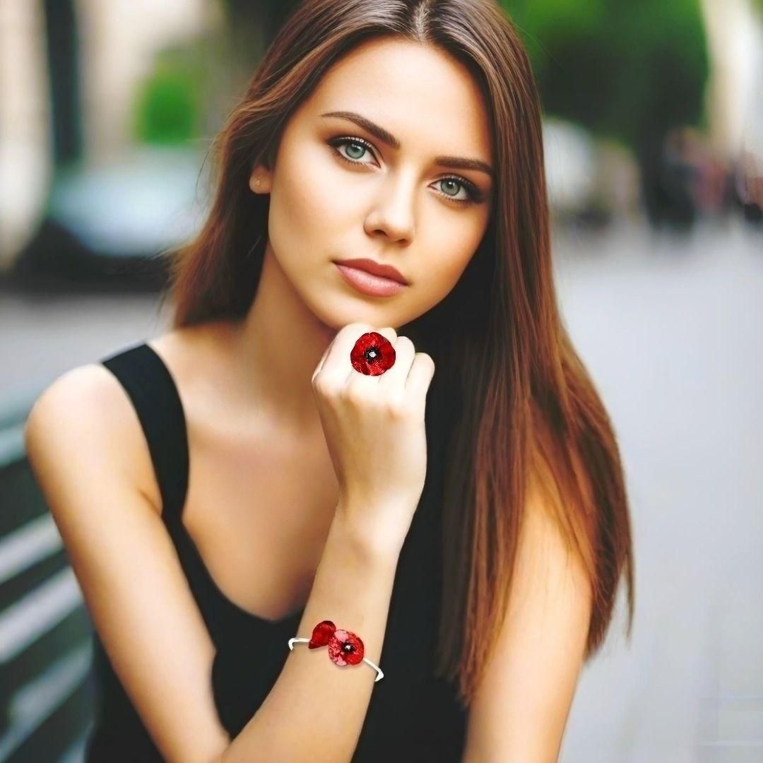 Handmade Silver Bracelet With Two Red Poppy Flowers - Anthos Crafts