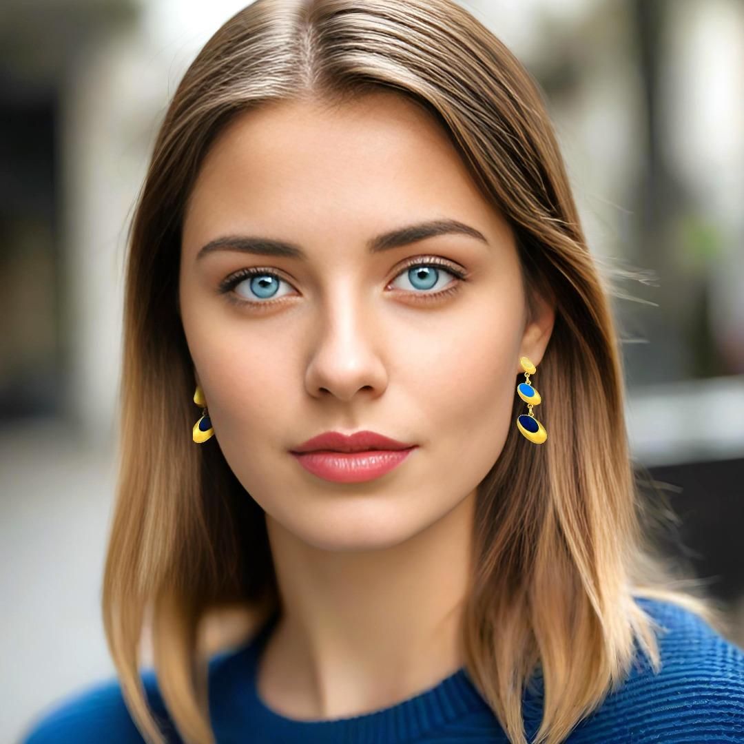 Handmade Gold Plated Silver Dangle Earrings with Electric Blue Enamel - Anthos Crafts