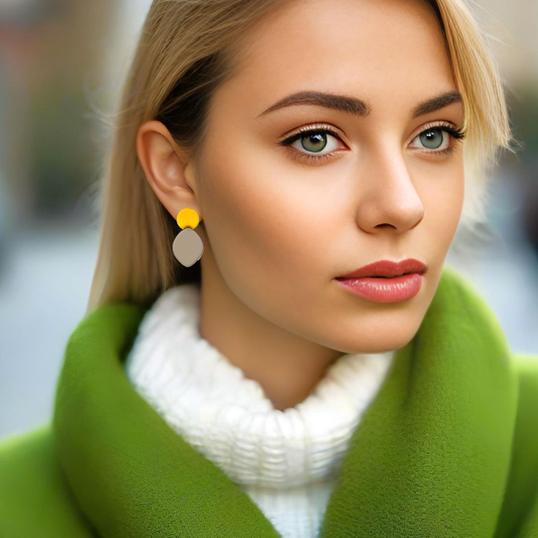 Handmade Rhodium Plated Silver Dangle Earrings with Yellow &amp; Gray Enamel - Anthos Crafts